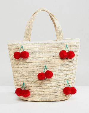 Sac en paille à motif cerise - Beige